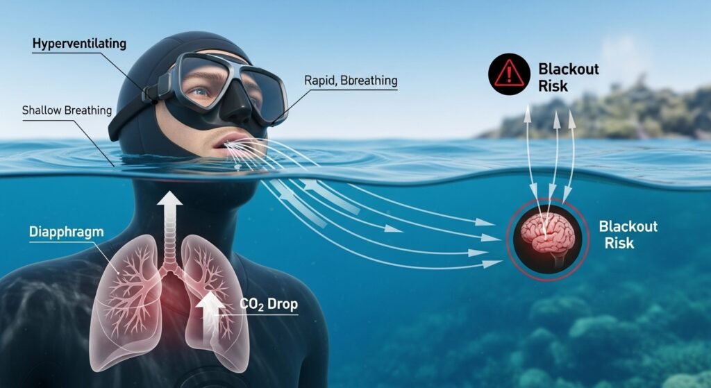 رسم توضيحي لغواص يقوم بالتهوية المفرطة قبل الغطس مع إظهار مخاطر فقدان الوعي بسبب نقص ثاني أكسيد الكربون