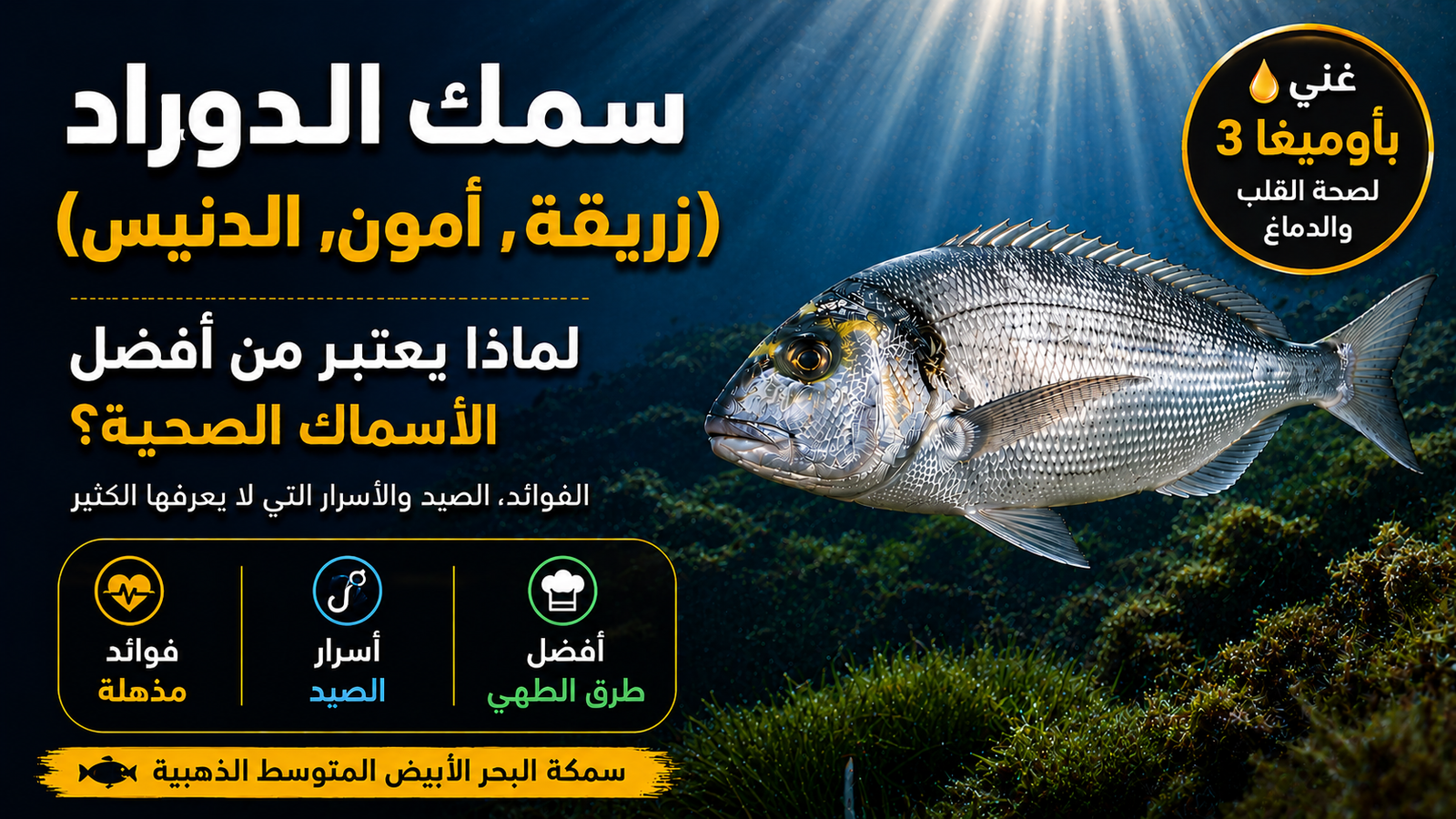 سمك الدوراد, زريقة,أمون والدنيس يسبح في أعماق البحر الأبيض المتوسط ضمن تصميم إنفوجرافيك عربي يوضح فوائده الصحية وأهمية أوميغا 3 وأسرار الصيد والطهي