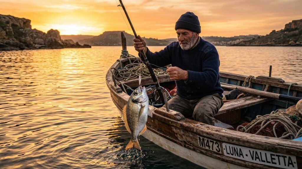 صياد من البحر المتوسط يصطاد سمك الدوراد من قارب خشبي تقليدي