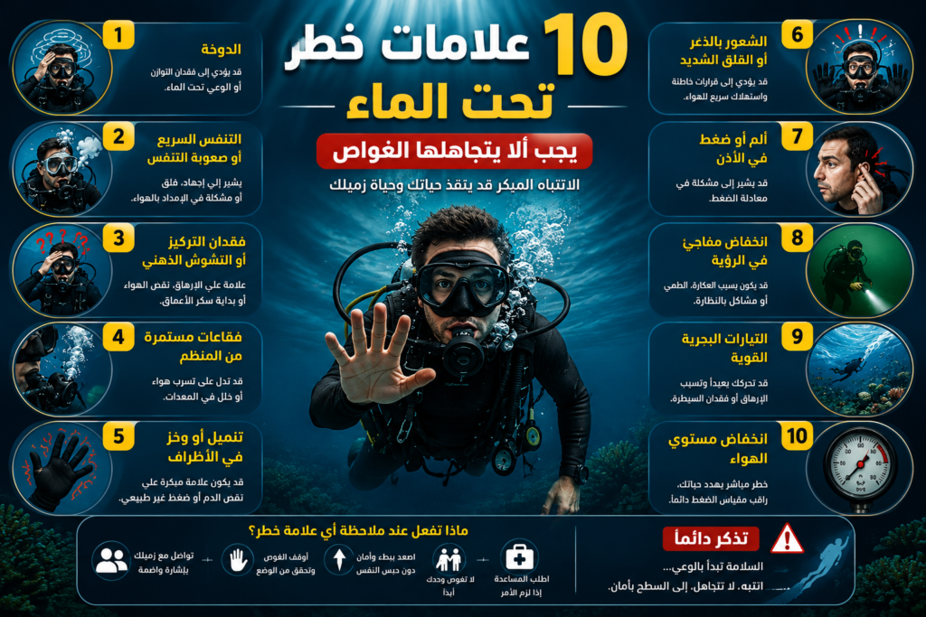 10 علامات خطر أثناء الغوص بالأسطوانات يجب ألا يتجاهلها الغواص تحت الماء مثل الدوخة وصعوبة التنفس وتسرب الهواء والتيارات القوية