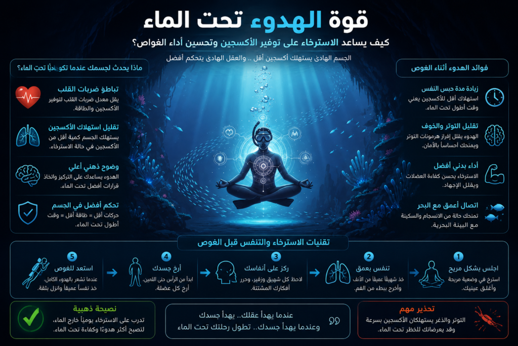 غواص حر في حالة استرخاء وتأمل تحت الماء داخل كهف بحري، يوضح العلاقة بين التحكم في التنفس والهدوء الذهني أثناء الغوص الحر.