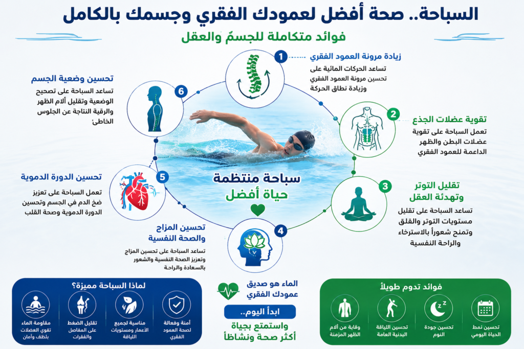 إنفوجرافيك يوضح فوائد السباحة لصحة العمود الفقري مثل تحسين المرونة وتقوية العضلات وتخفيف التوتر وتحسين الدورة الدموية