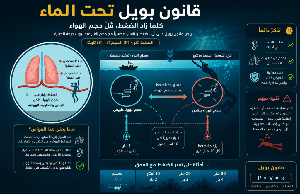 إنفوجرافيك تعليمي باللغة العربية يشرح قانون بويل أثناء الغوص تحت الماء، ويوضح كيف يزداد الضغط مع العمق ويؤثر على حجم الهواء داخل الرئتين والتجاويف الهوائية لدى الغواص.