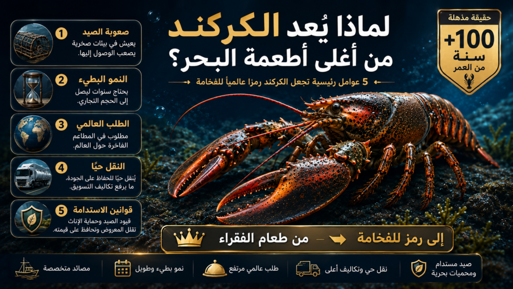 لماذا يُعد الكركند من أغلى أطعمة البحر؟ إنفوغرافيك يشرح أسباب ارتفاع سعر اللوبستر، من صعوبة الصيد والنمو البطيء إلى الطلب العالمي وقوانين الاستدامة.