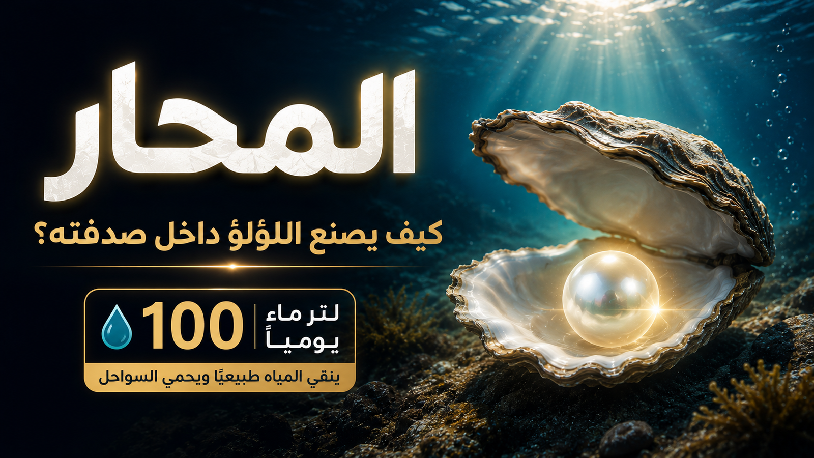 محارة مفتوحة في قاع البحر تحت أشعة الشمس تحتوي على لؤلؤة لامعة، توضح كيف يصنع المحار اللؤلؤ ودوره في تنقية المياه الساحلية.