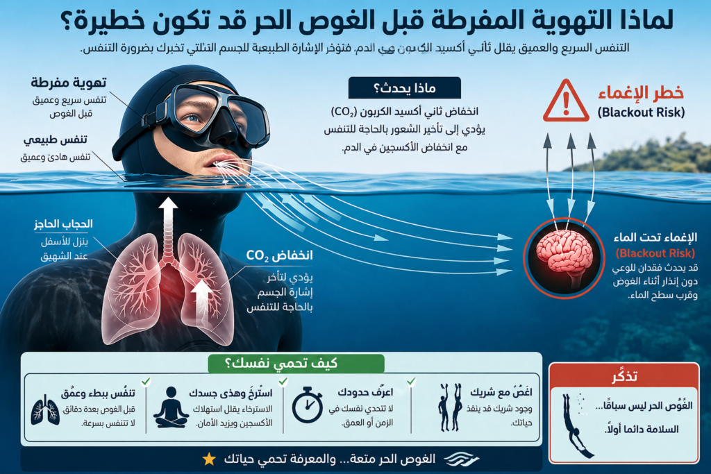 إنفوغرافيك يشرح مخاطر التهوية المفرطة قبل الغوص الحر وكيف قد تؤدي إلى الإغماء تحت الماء بسبب انخفاض ثاني أكسيد الكربون