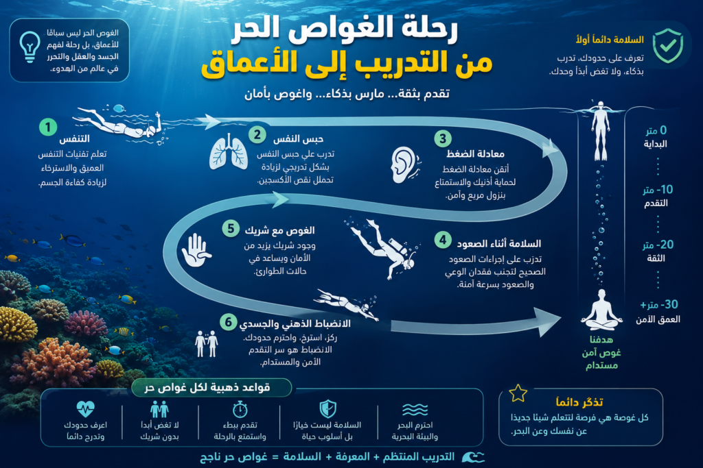 إنفوغرافيك يوضح مراحل تطور الغواص الحر من تعلم التنفس وحبس النفس إلى الغوص العميق الآمن مع قواعد السلامة الأساسية