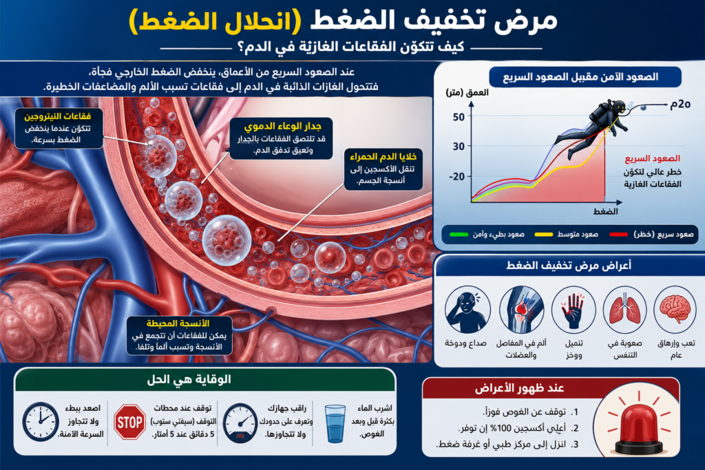 إنفوجرافيك طبي يشرح مرض تخفيف الضغط لدى الغواصين وكيف تتشكل فقاعات النيتروجين داخل الأوعية الدموية عند الصعود السريع أثناء الغوص بالأسطوانات