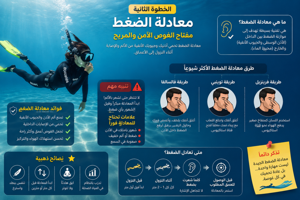 إنفوغرافيك يشرح معادلة الضغط في الغوص الحر وطرق حماية الأذن أثناء النزول إلى الأعماق باستخدام تقنيات فالسالفا وفرينزل