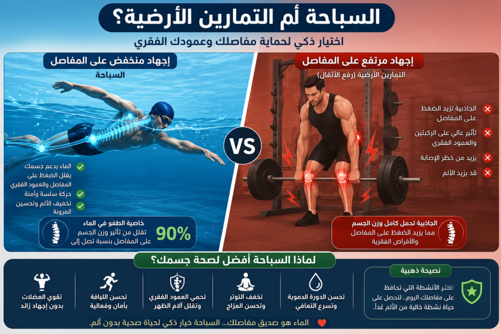 مقارنة توضيحية بين السباحة وتمارين رفع الأثقال توضح انخفاض الضغط على المفاصل والعمود الفقري أثناء السباحة