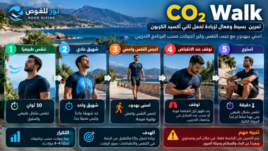 تمرين CO₂ Walk للمشي أثناء حبس النفس لتحسين التعامل مع ارتفاع ثاني أكسيد الكربون والانقباضات