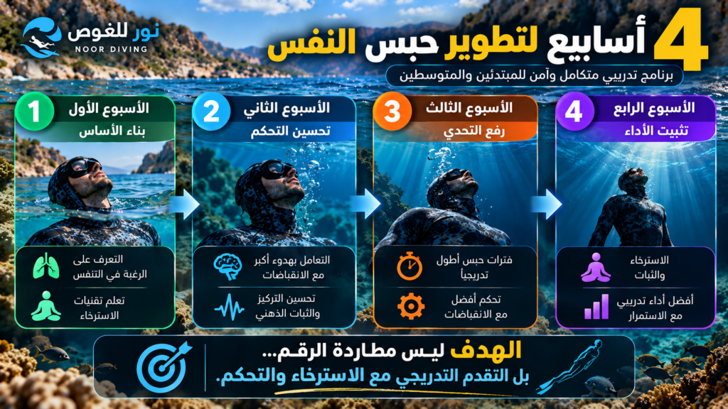برنامج 4 أسابيع لتطوير حبس النفس تدريجيًا وتحسين الاسترخاء والتحكم للغواصين