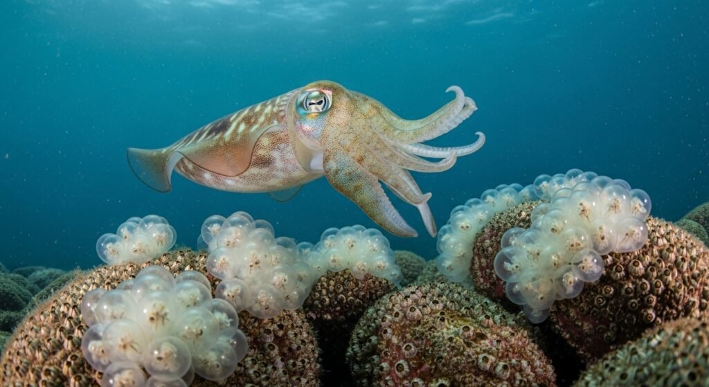 أنثى حبار تضع عناقيد شفافة من البيوض في قاع البحر