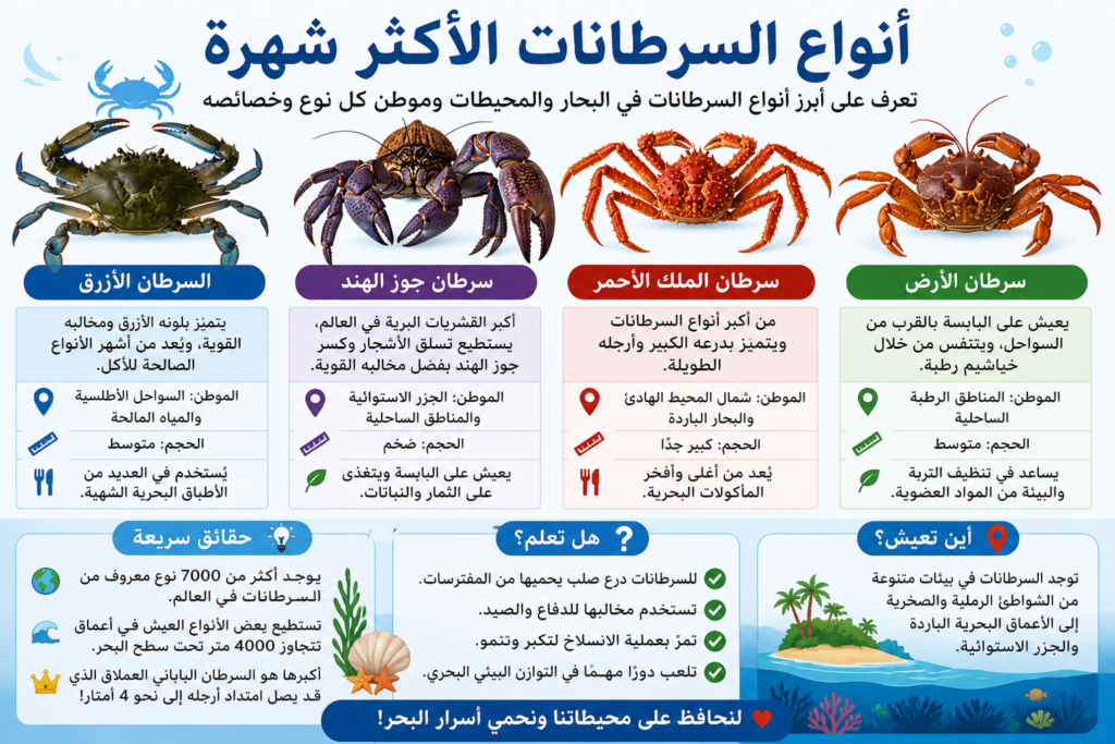 أنواع سرطان البحر الأكثر شهرة مثل السرطان الأزرق وسرطان جوز الهند وسرطان الملك الأحمر وسرطان الأرض مع توضيح خصائص كل نوع وموطنه