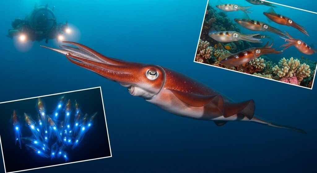 أنواع مختلفة من الحبار تشمل الحبار العملاق، الساحلي، والمضيء في عرض بصري واقعي