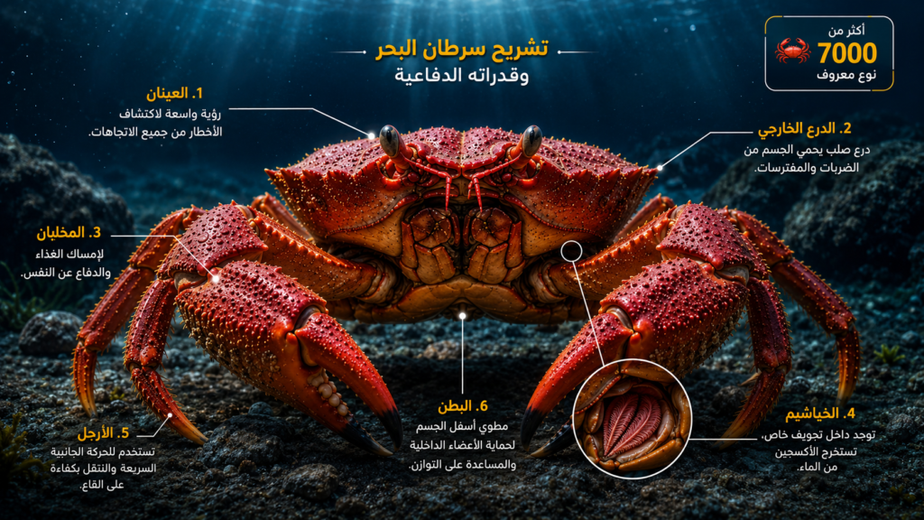 إنفوغرافيك تشريحي يوضح أجزاء سرطان البحر وقدراته الدفاعية، بما في ذلك العيون والمخالب والدرع الخارجي والخياشيم والأرجل والبطن، مع شرح وظائف كل جزء داخل البيئة البحرية.