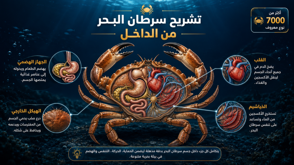 إنفوغرافيك تشريحي يوضح البنية الداخلية لسرطان البحر، بما في ذلك الجهاز الهضمي والقلب والخياشيم والهيكل الخارجي، مع شرح مبسط لوظائف الأعضاء الحيوية التي تساعده على البقاء في البيئة البحرية.