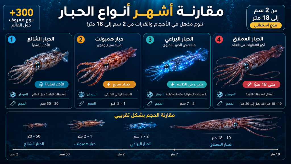 إنفوغرافيك عربي يقارن أشهر أنواع الحبار في العالم، بما في ذلك الحبار الشائع وحبار همبولت والحبار اليراعي والحبار العملاق، مع توضيح الفروقات في الحجم والموطن والخصائص المميزة لكل نوع.
