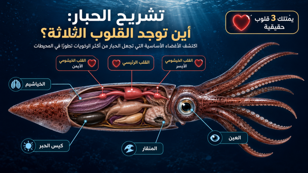 إنفوغرافيك عربي يوضح تشريح الحبار من الداخل، مع تحديد مواقع القلوب الثلاثة والخياشيم وكيس الحبر والمنقار والعين، في تصميم تعليمي مبسط يكشف أسرار أحد أكثر الكائنات البحرية تطورًا وذكاءً.