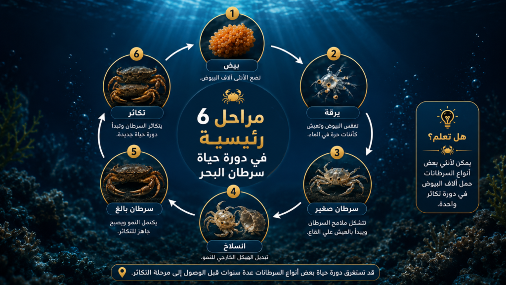 إنفوغرافيك يوضح دورة حياة سرطان البحر من البيض إلى اليرقة ثم السرطان الصغير والانسلاخ وصولًا إلى مرحلة البلوغ والتكاثر، مع شرح مبسط للمراحل الرئيسية لنمو هذا الكائن البحري.