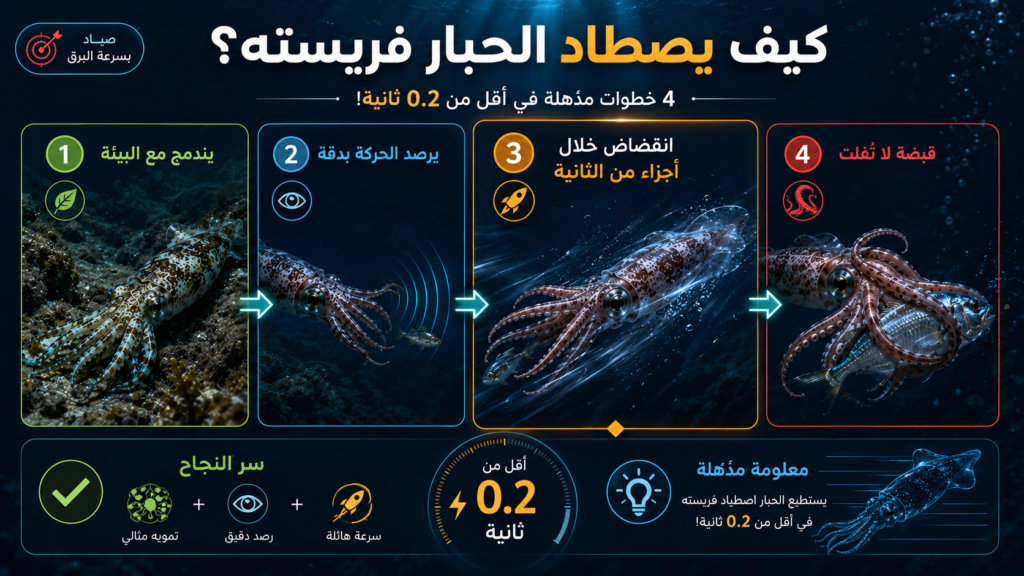 إنفوغرافيك يوضح مراحل صيد الحبار لفريسته خطوة بخطوة، من التمويه والاختباء ورصد الحركة بدقة إلى الانقضاض الخاطف والإمساك بالفريسة خلال أجزاء من الثانية.