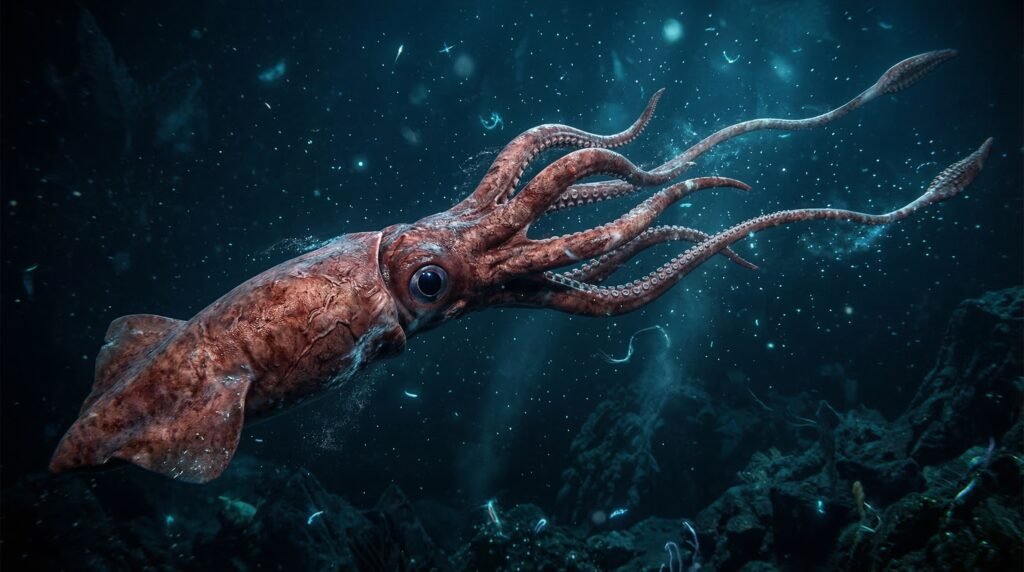الحبار العملاق Architeuthis dux يسبح في أعماق المحيط في مشهد علمي واقعي