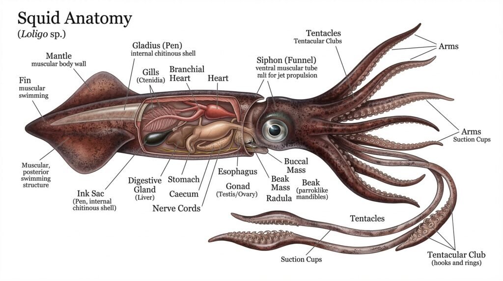 تشريح الحبار وأجزاؤه الرئيسية مثل العباءة والأذرع والمجسات والعيون في رسم علمي توضيحي