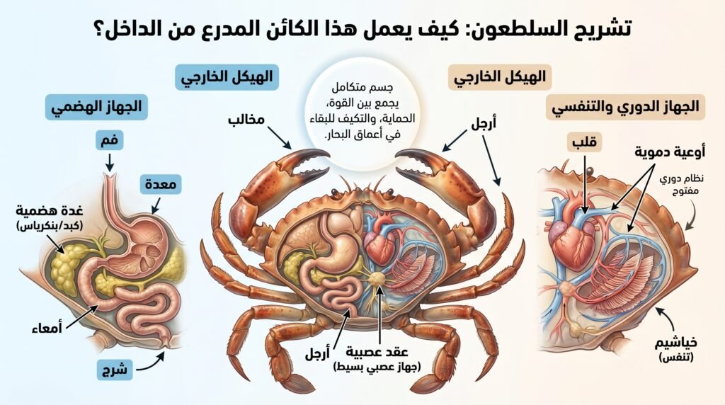 تشريح سرطان البحر من الداخل مع توضيح الجهاز الهضمي والدورة الدموية والخياشيم والهيكل الخارجي