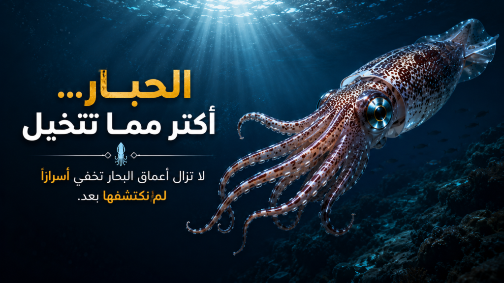 حبار واقعي يسبح في أعماق المحيط تحت أشعة الشمس المتسللة من السطح، مع عين كبيرة لامعة وتفاصيل دقيقة تعكس ذكاءه وقدرته المذهلة على التكيف، في مشهد سينمائي يرمز إلى أسرار البحار التي لم تُكتشف بعد.