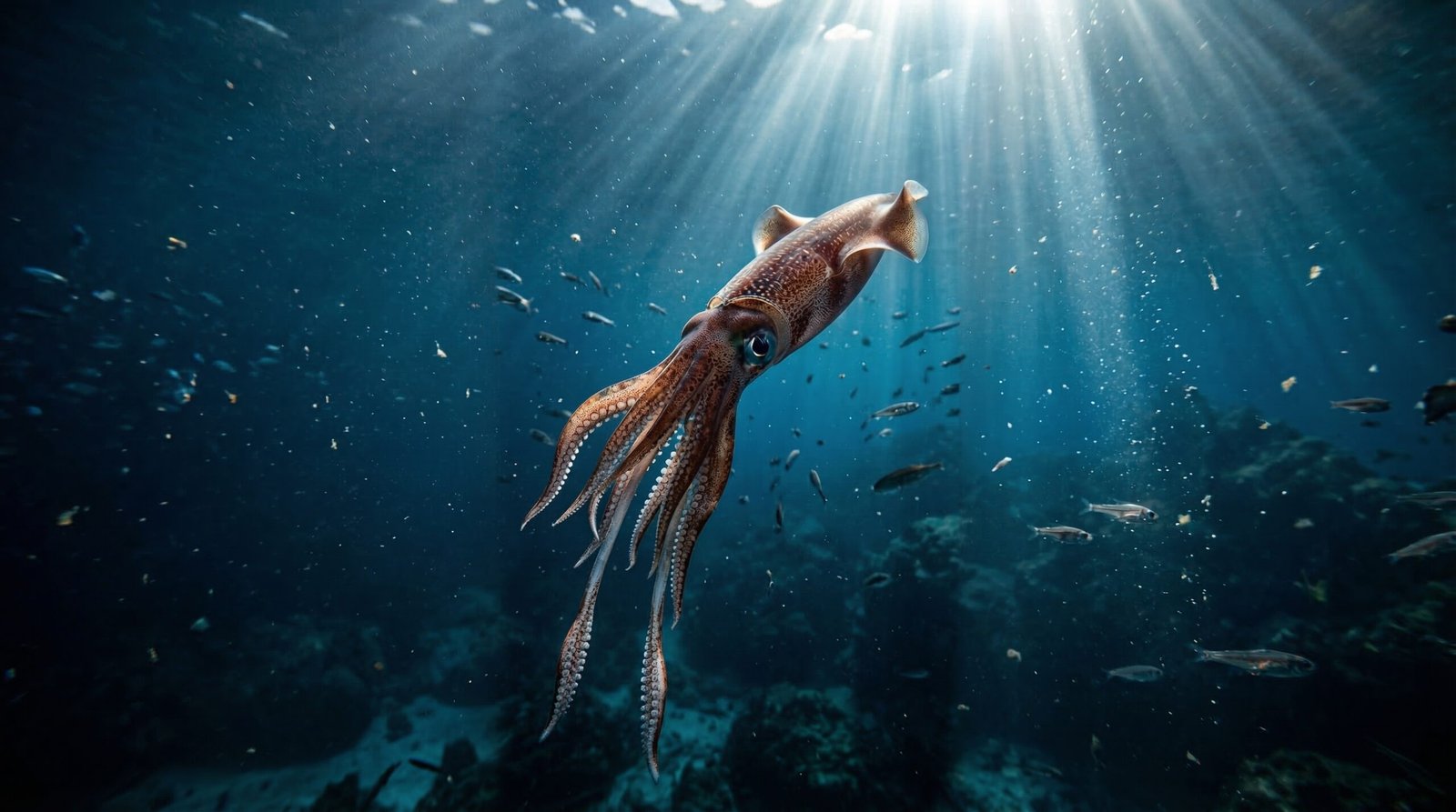 حبار يسبح في أعماق المحيط في مشهد بحري واقعي يوضح بيئة الحبار الطبيعية