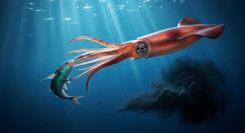 حبار يصطاد سمكة صغيرة مستخدمًا مجساته الطويلة وسط سحابة من الحبر