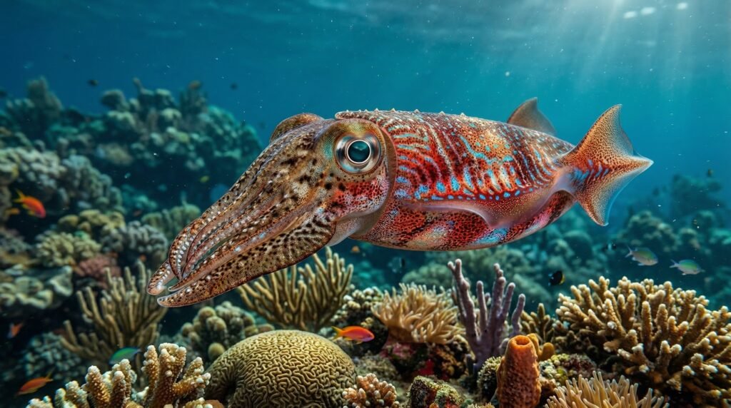 حبار يغيّر لونه باستخدام خلايا الكروماتوفور للتمويه في البيئة البحرية