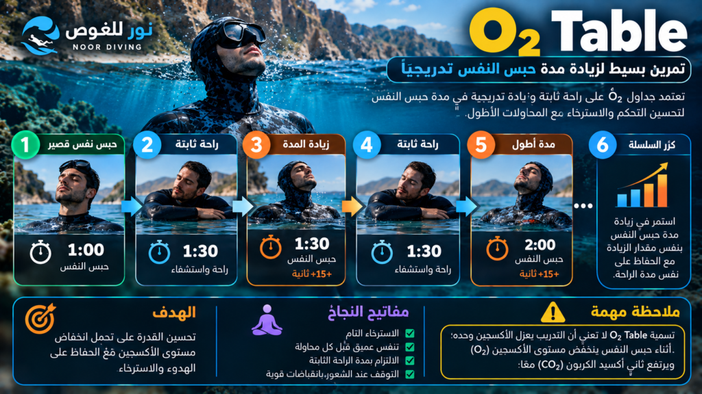 جدول O₂ لزيادة مدة حبس النفس تدريجيًا مع فترات راحة ثابتة في تدريب الغوص الحر