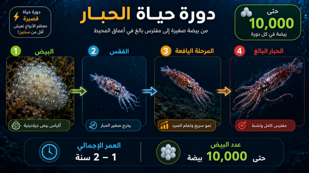 إنفوغرافيك يوضح دورة حياة الحبار من البيض إلى الفقس ثم المرحلة اليافعة وصولًا إلى الحبار البالغ، مع إبراز النمو السريع وإمكانية إنتاج آلاف البيوض خلال دورة حياة قصيرة.
