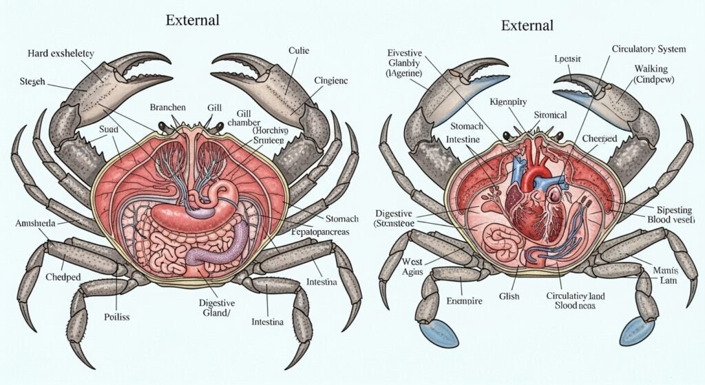 رسم تشريحي توضيحي لبنية سرطان البحر يظهر الهيكل الخارجي والأعضاء الداخلية