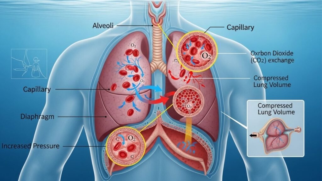 رسم تشريحي يوضح عمل الرئتين وتبادل الغازات أثناء الغوص الحر