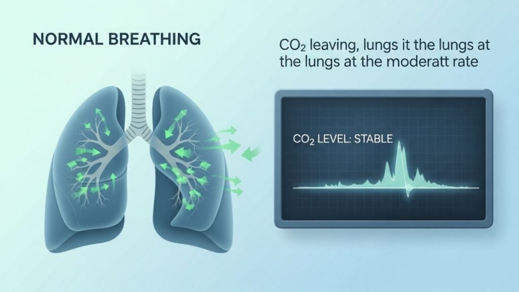 رسم توضيحي يبين الفرق بين التنفس الطبيعي وفرط التهوية وانخفاض CO₂