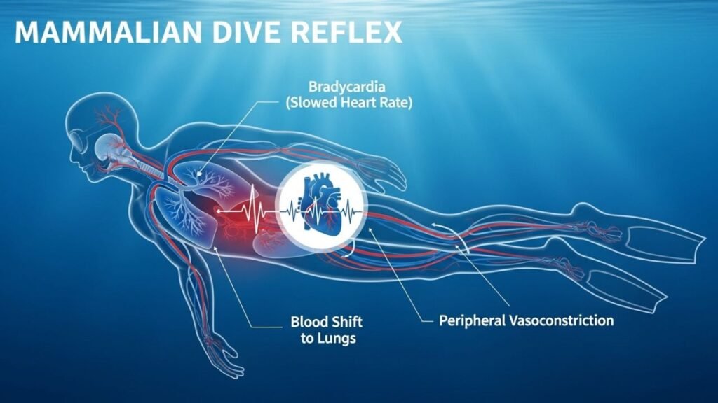 رسم علمي يوضح آليات الانعكاس الثديي لدى الغواص الحر