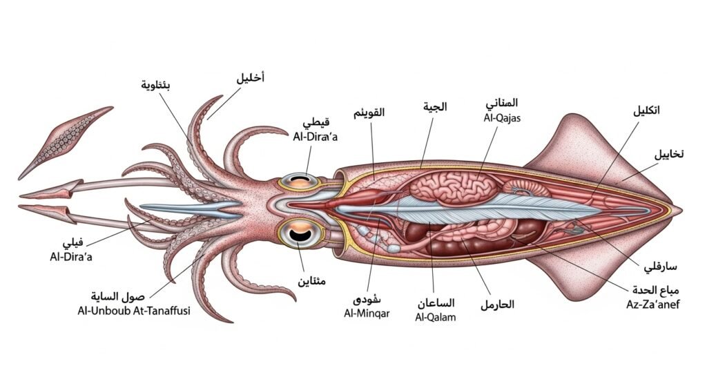 رسم علمي يوضح تشريح الحبار الخارجي وأجزائه الرئيسية