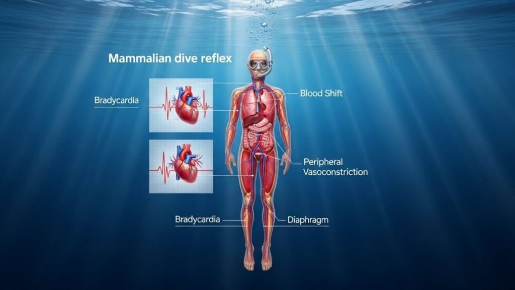 رسم علمي يوضح منعكس الغوص الثديي لدى الغواص الحر