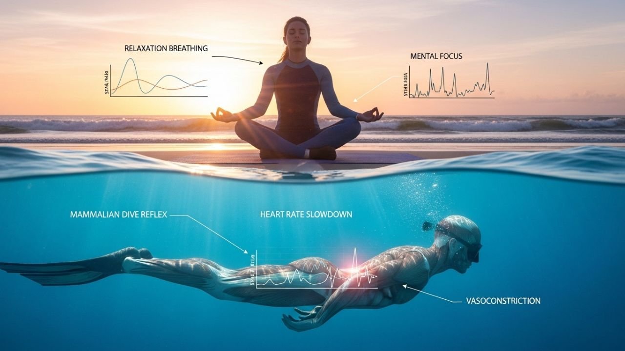 رسم واقعي يظهر تدريب كتم النفس مع عرض تأثيرات استجابة الغوص تحت الماء