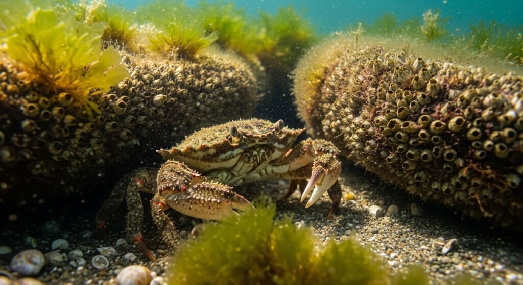 سرطان بحر يتخفى بذكاء بين الأعشاب البحرية والصخور لإظهار سلوكه التفاعلي