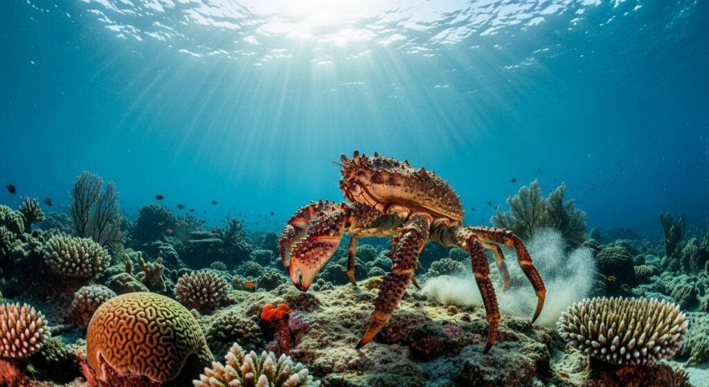 سرطان بحر يسير بفخر فوق الشعاب المرجانية في مشهد رمزي يعبر عن القوة والبقاء