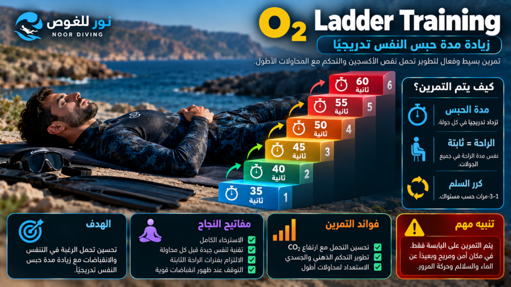 تمرين O₂ Ladder لزيادة مدة حبس النفس تدريجيًا مع فترات راحة ثابتة في الغوص الحر