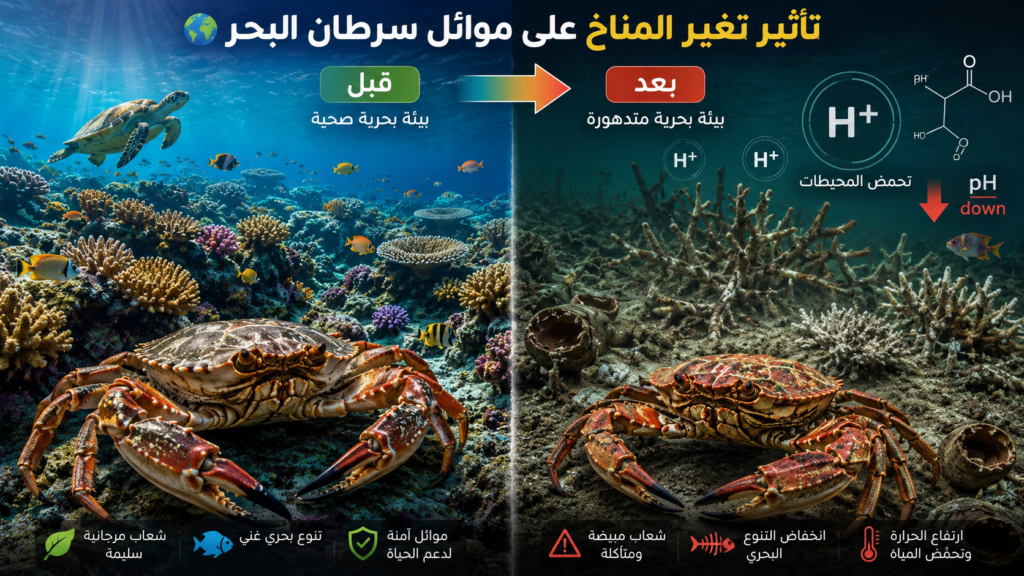 صورة توضيحية تقارن بين موائل سرطان البحر في بيئة بحرية سليمة وأخرى متضررة بفعل تغير المناخ وتحمض المحيطات، مع إظهار تأثير تدهور الشعاب المرجانية على الكائنات البحرية والتنوع البيولوجي.