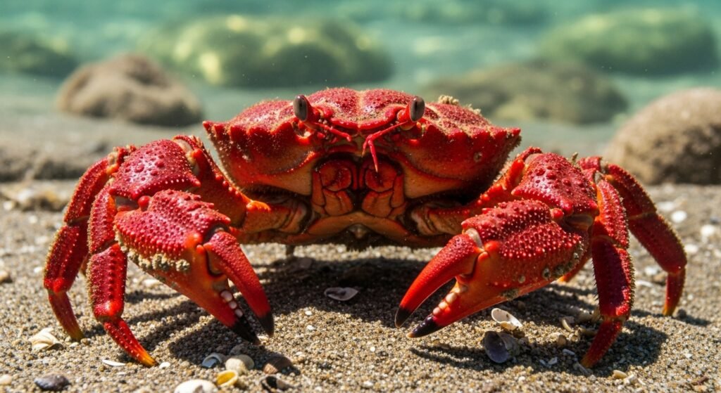 صورة قريبة لسرطان بحر أحمر على قاع رملي تُظهر تفاصيل درعه ومخالبه