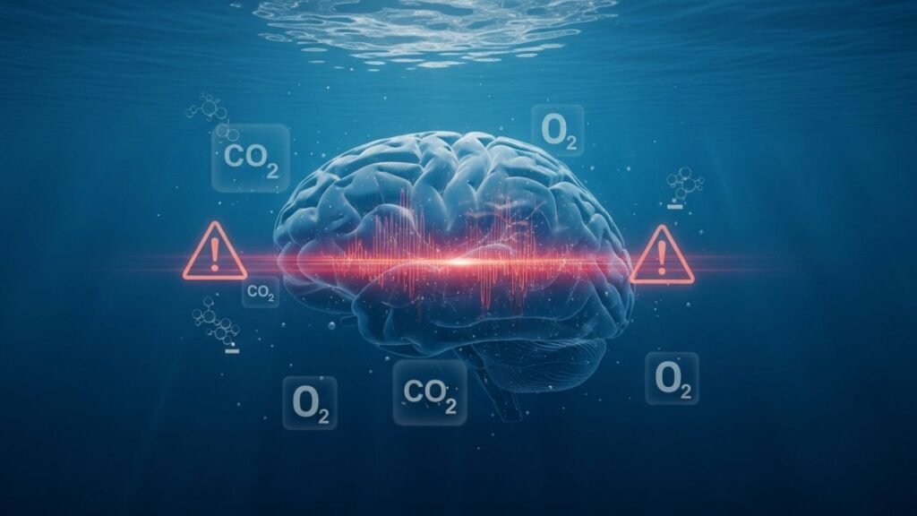 صورة مفاهيمية تظهر الدماغ تحت الماء مع إشارات تحذيرية منخفضة بسبب نقص CO₂