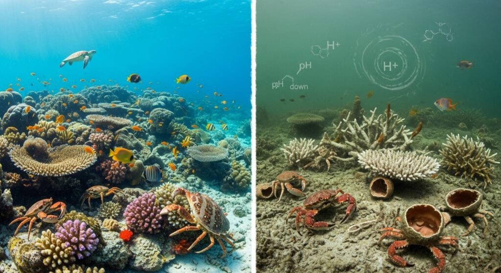 صورة مفهومية تُظهر تأثير تغير المناخ على بيئة سرطان البحر بين الشعاب السليمة والمتحللة