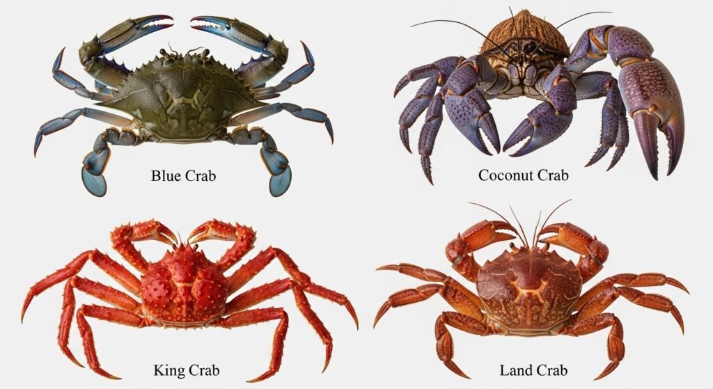 صورة مقارنة بين أنواع مختلفة من سرطان البحر مثل الأزرق والملك وسرطان جوز الهند