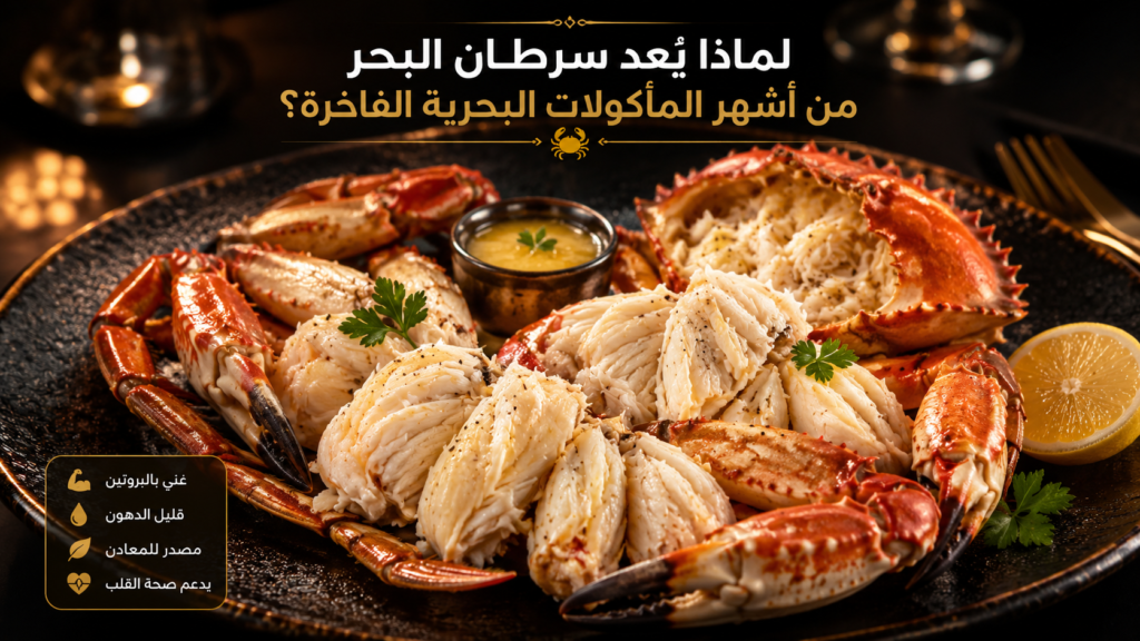 طبق فاخر من سرطان البحر المطهو يُقدَّم مع قطع اللحم الأبيض الطرية والزبدة والليمون والأعشاب الطازجة، يبرز القيمة الغذائية العالية والمكانة المميزة لهذا النوع من المأكولات البحرية.